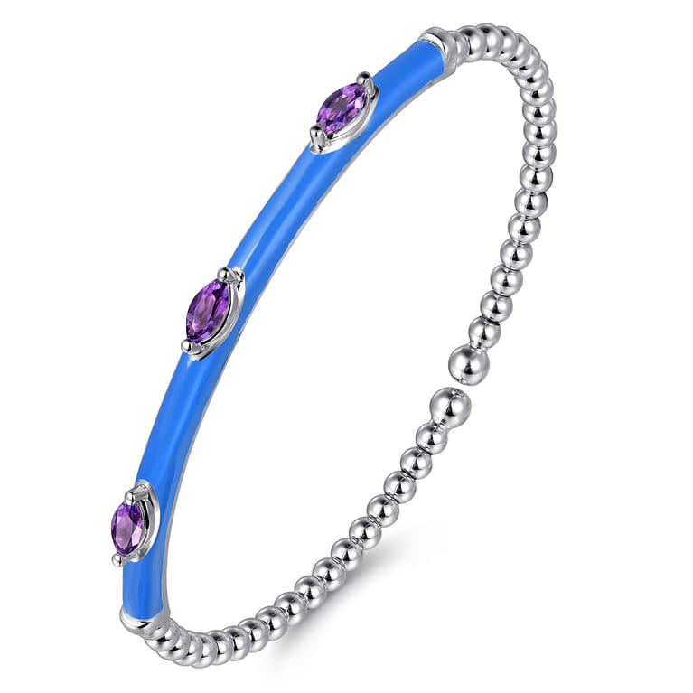 Enamel - 14K White Gold Bujukan Amethyst Split Bangle with Blue Enamel - Shot 2
