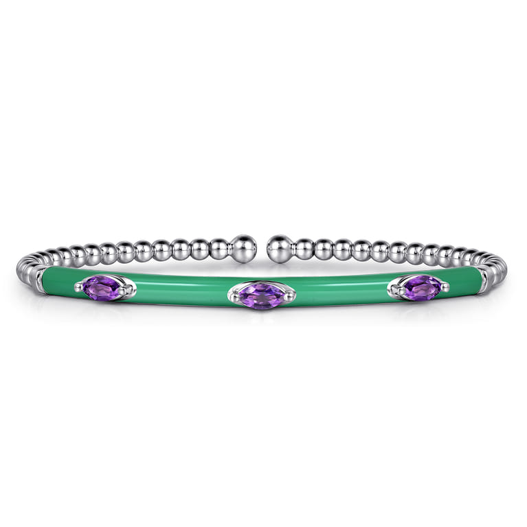 Enamel - 14K White Gold Bujukan Amethyst Split Bangle with Mint Green Enamel - Shot 1