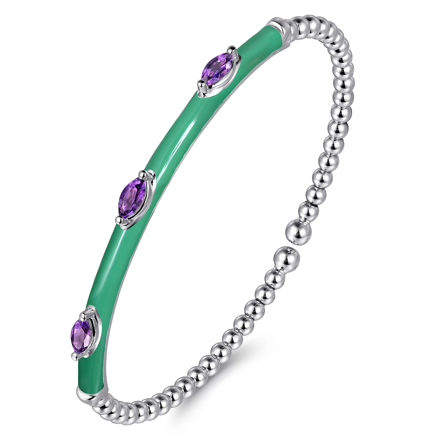 Enamel - 14K White Gold Bujukan Amethyst Split Bangle with Mint Green Enamel - Shot 2