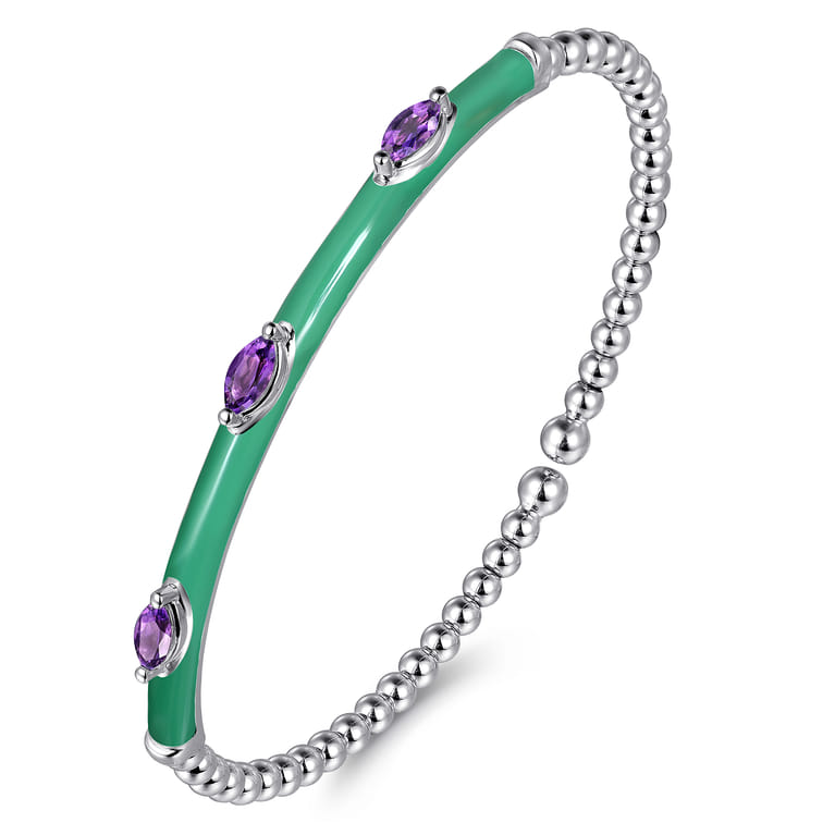 Enamel - 14K White Gold Bujukan Amethyst Split Bangle with Mint Green Enamel - Shot 2
