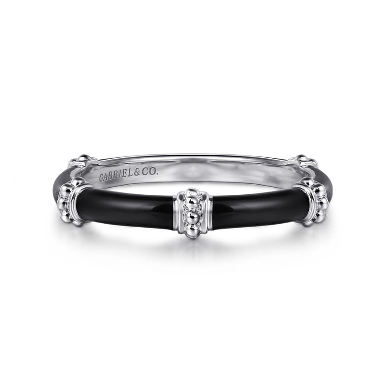 Enamel - 14K White Gold Bujukan Bar Split Stackable with Black Enamel - Shot 1