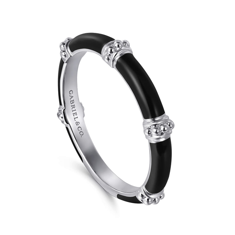 Enamel - 14K White Gold Bujukan Bar Split Stackable with Black Enamel - Shot 3
