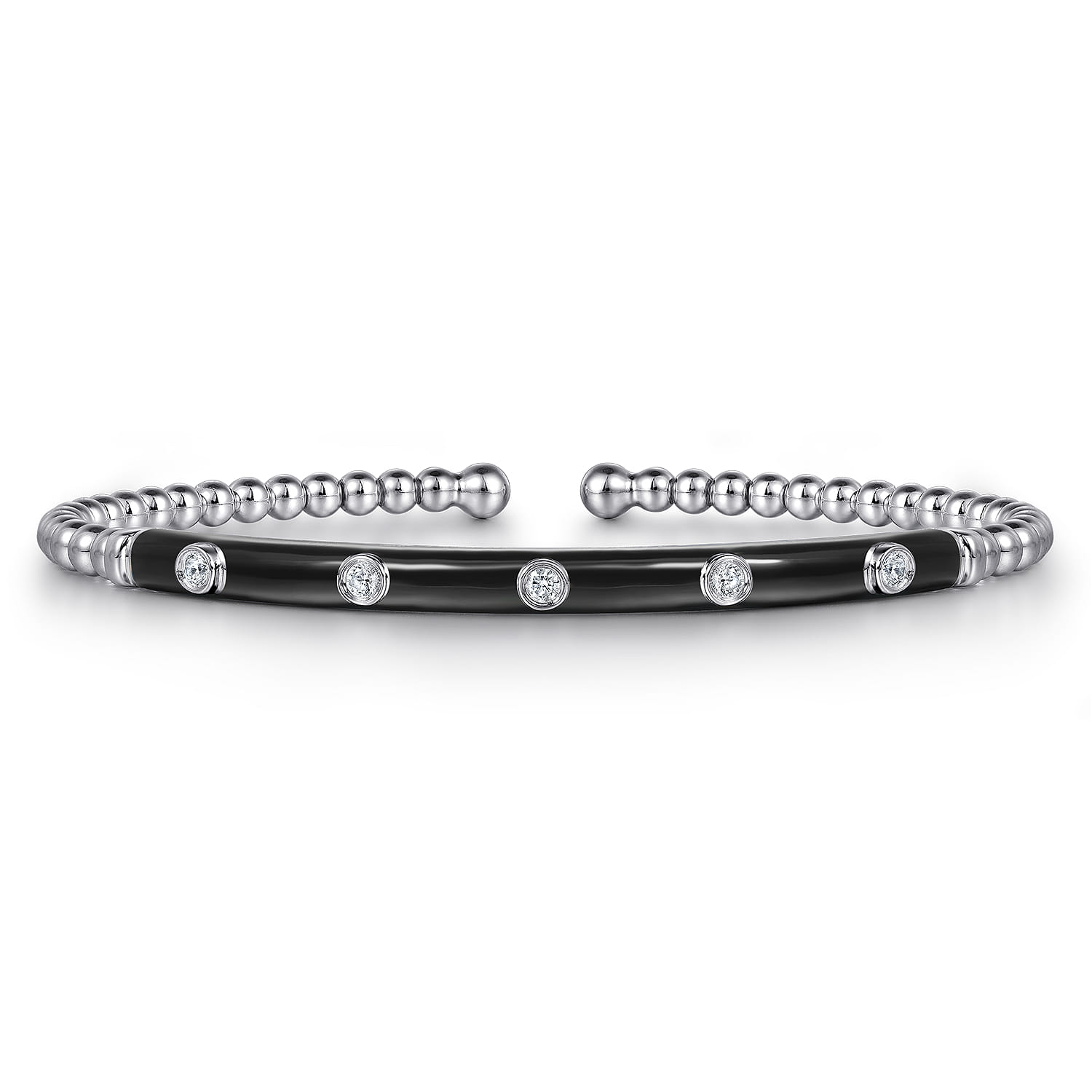 Enamel - 14K White Gold Bujukan Beads and Diamond Split Bangle with Black Enamel - 0.15 ct - Shot 1
