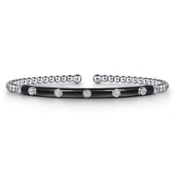 Enamel - 14K White Gold Bujukan Beads and Diamond Split Bangle with Black Enamel