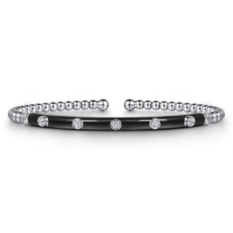 Enamel - 14K White Gold Bujukan Beads and Diamond Split Bangle with Black Enamel - 0.15 ct - Shot 1