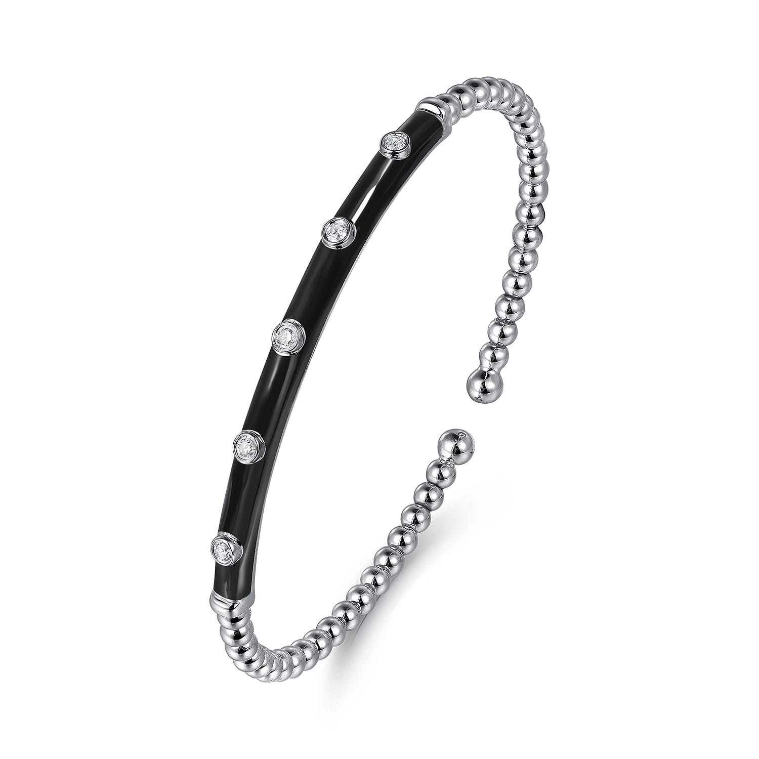 Enamel - 14K White Gold Bujukan Beads and Diamond Split Bangle with Black Enamel - 0.15 ct - Shot 2