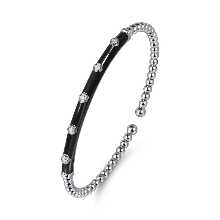 Enamel - 14K White Gold Bujukan Beads and Diamond Split Bangle with Black Enamel - 0.15 ct - Shot 2