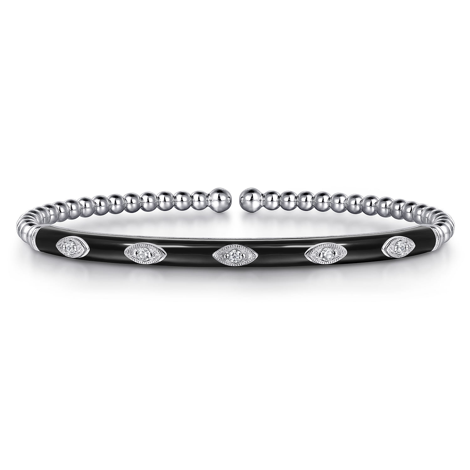 Enamel - 14K White Gold Bujukan Beads and Diamond Split Bangle with Black Enamel - 0.1 ct - Shot 1