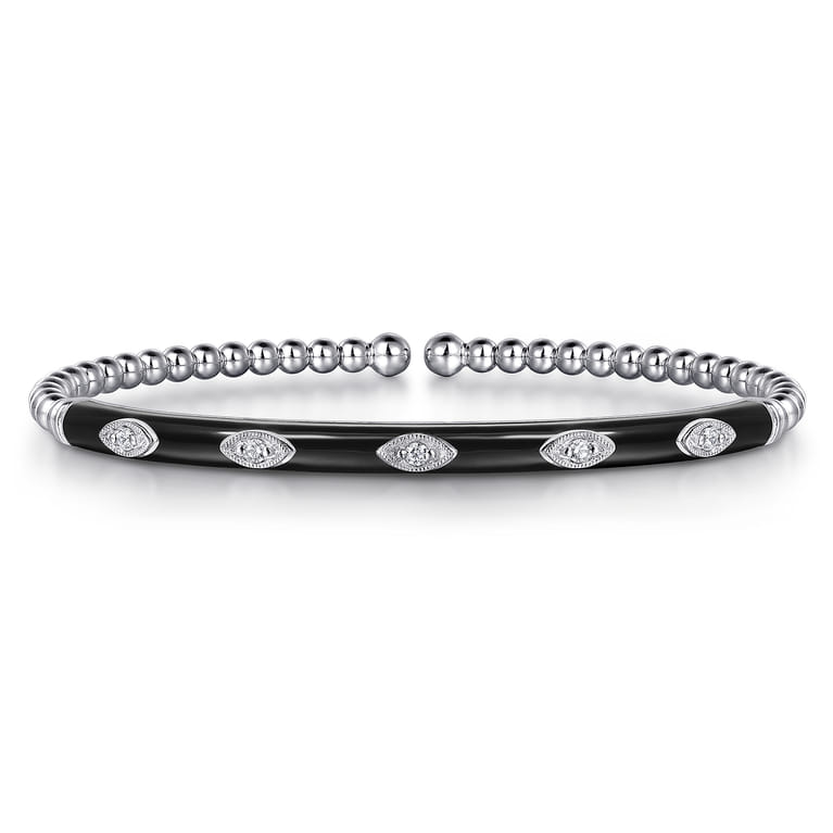 Enamel - 14K White Gold Bujukan Beads and Diamond Split Bangle with Black Enamel - 0.1 ct - Shot 1