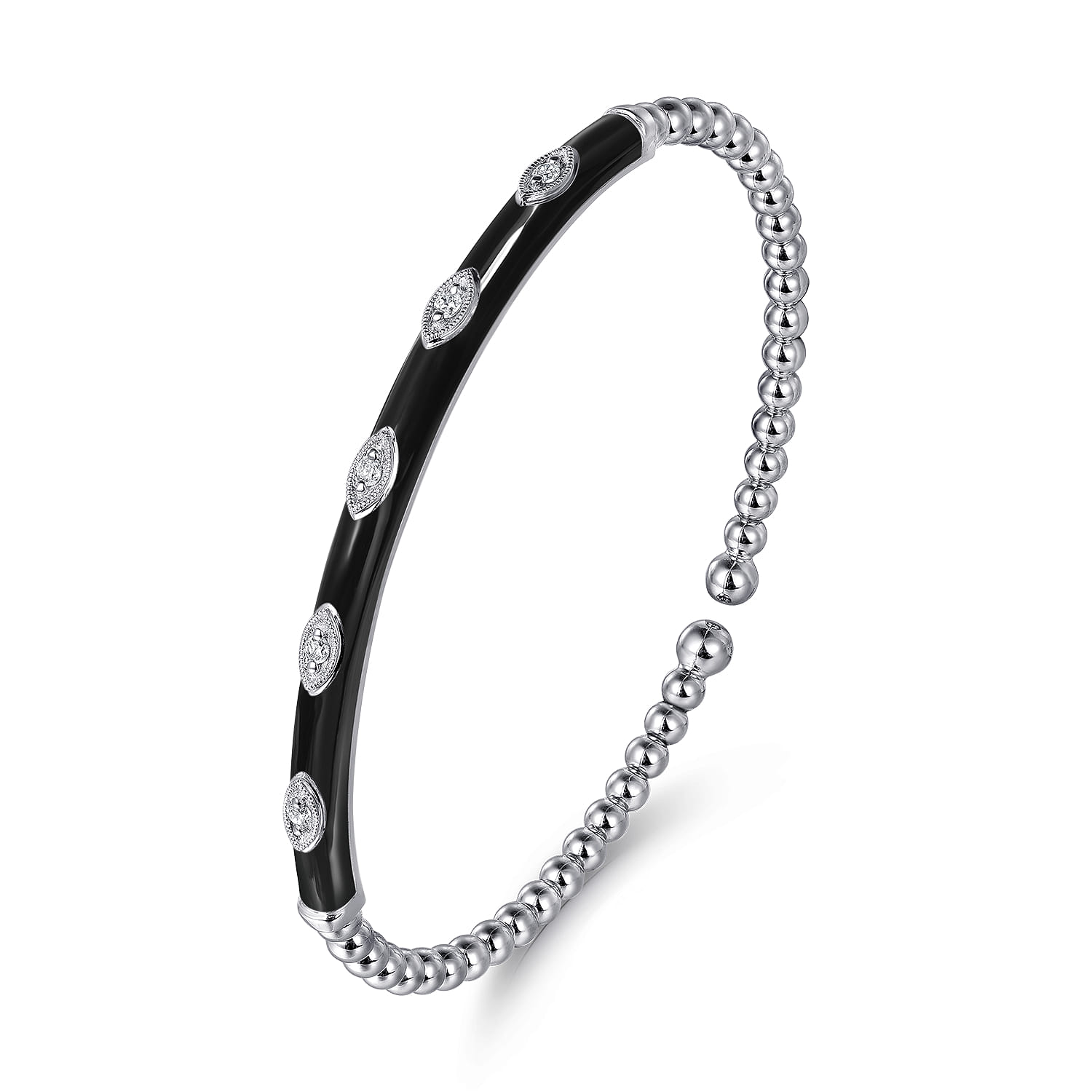 Enamel - 14K White Gold Bujukan Beads and Diamond Split Bangle with Black Enamel - 0.1 ct - Shot 2