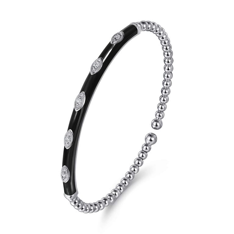 Enamel - 14K White Gold Bujukan Beads and Diamond Split Bangle with Black Enamel - 0.1 ct - Shot 2