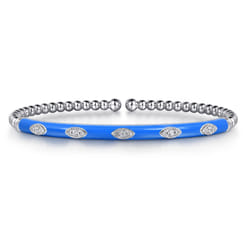 Enamel - 14K White Gold Bujukan Beads and Diamond Split Bangle with Blue Enamel