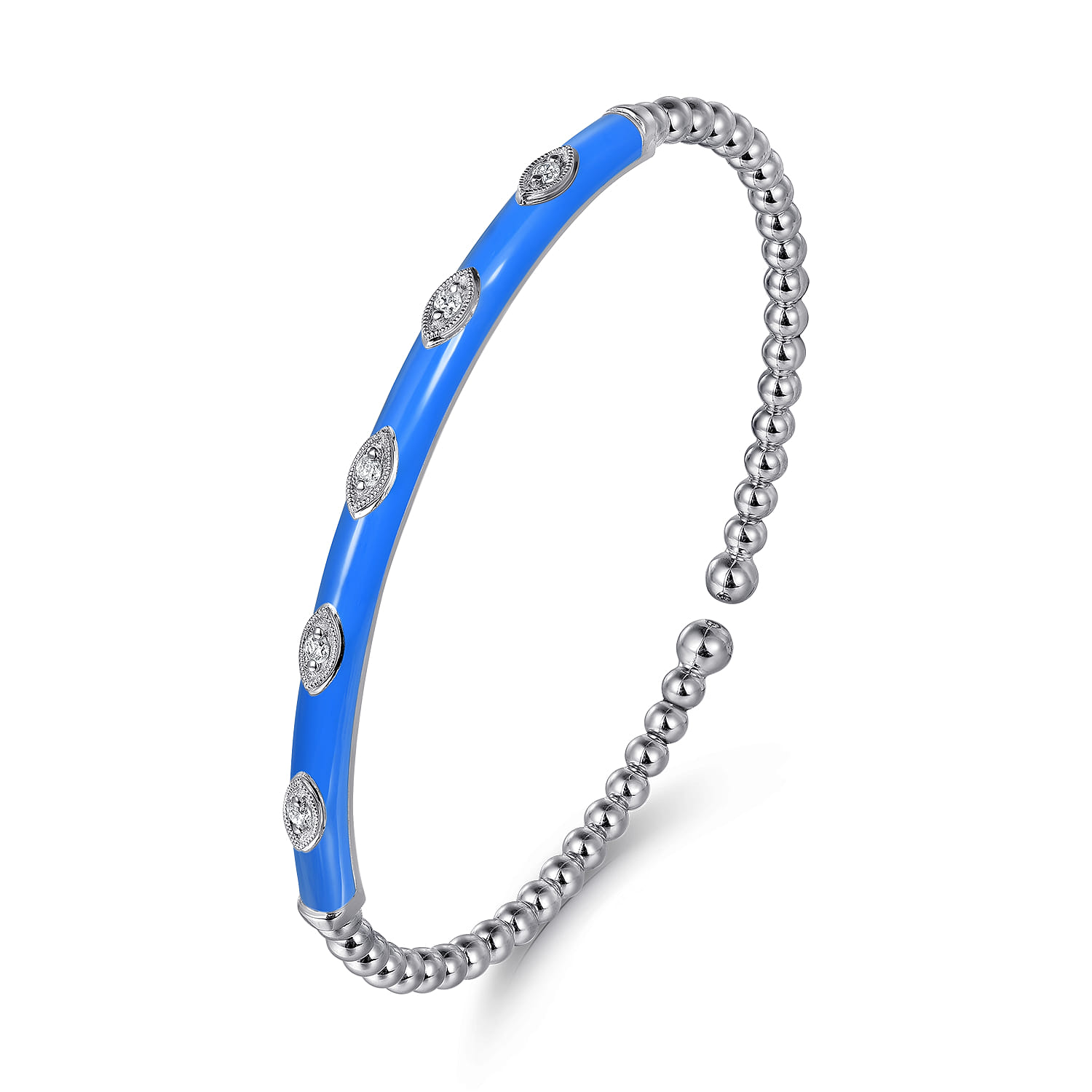 Enamel - 14K White Gold Bujukan Beads and Diamond Split Bangle with Blue Enamel - 0.1 ct - Shot 2