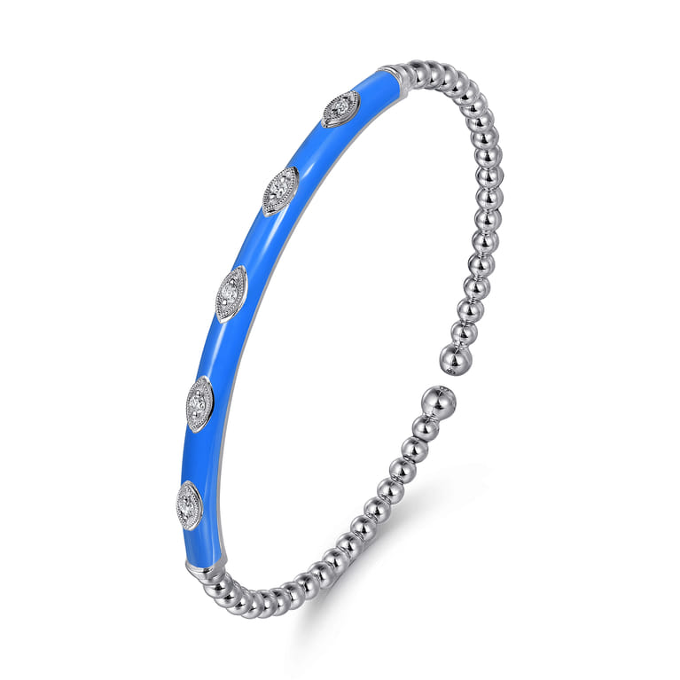 Enamel - 14K White Gold Bujukan Beads and Diamond Split Bangle with Blue Enamel - 0.1 ct - Shot 2