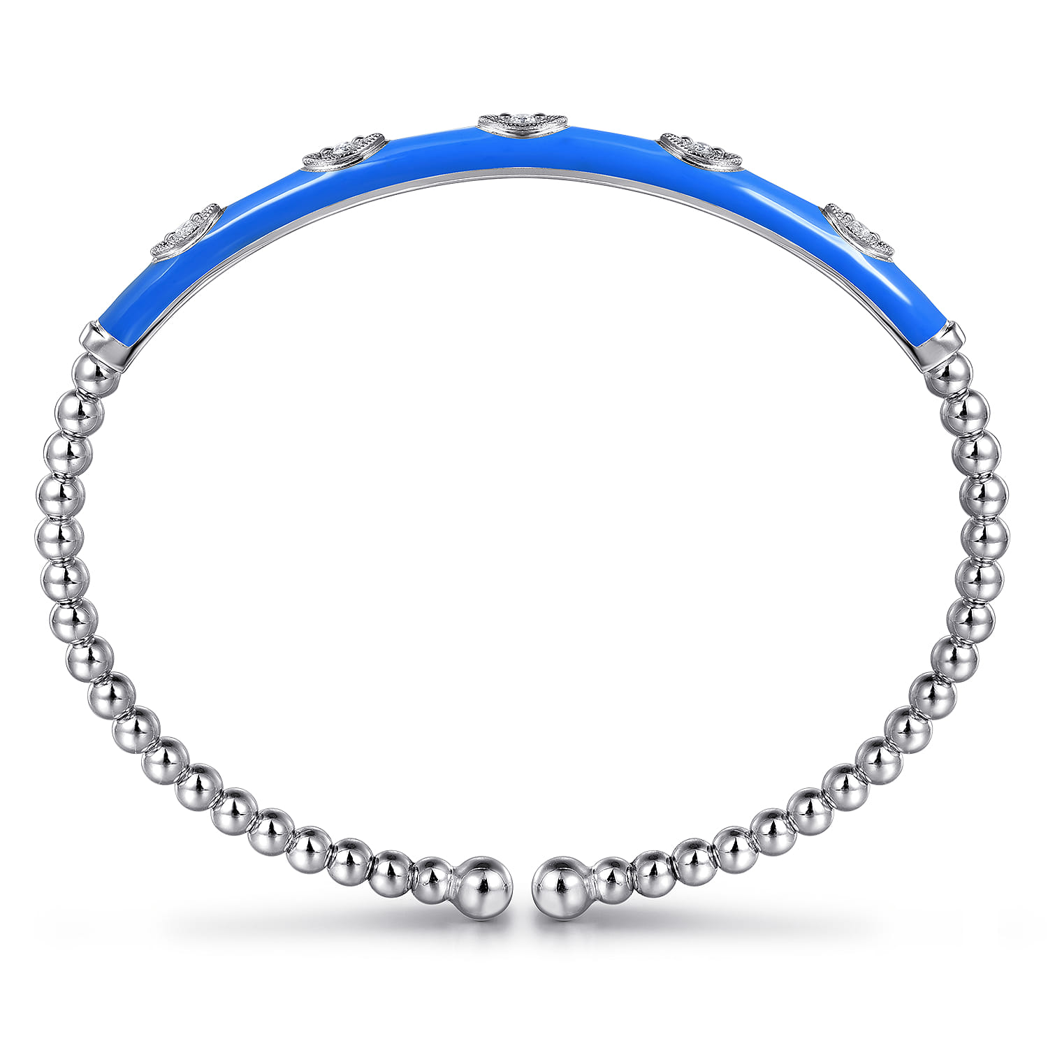 Enamel - 14K White Gold Bujukan Beads and Diamond Split Bangle with Blue Enamel - 0.1 ct - Shot 3
