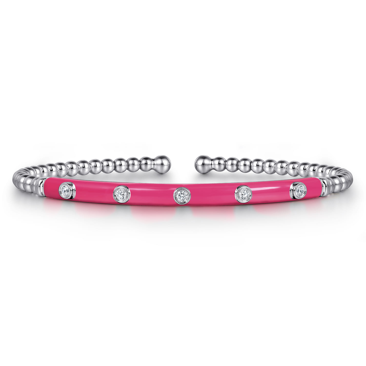 Enamel - 14K White Gold Bujukan Beads and Diamond Split Bangle with Fuchsia Enamel - 0.15 ct - Shot 1