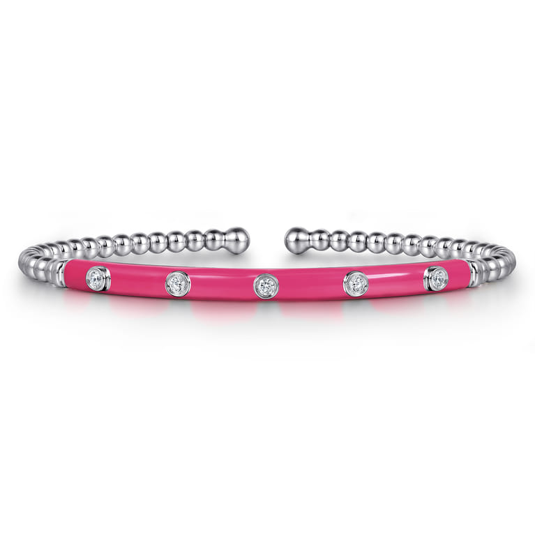 Enamel - 14K White Gold Bujukan Beads and Diamond Split Bangle with Fuchsia Enamel - 0.15 ct - Shot 1
