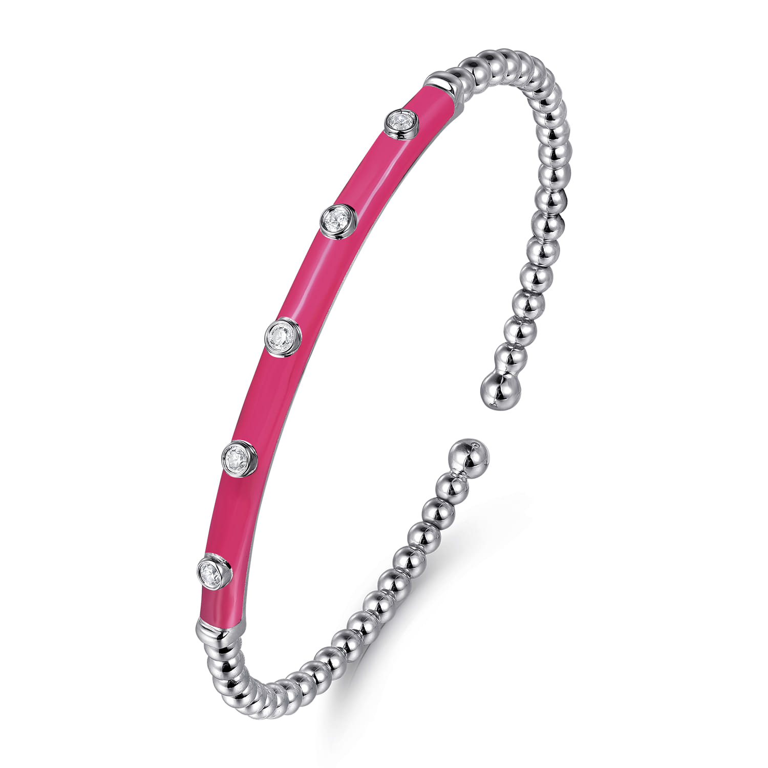 Enamel - 14K White Gold Bujukan Beads and Diamond Split Bangle with Fuchsia Enamel - 0.15 ct - Shot 2