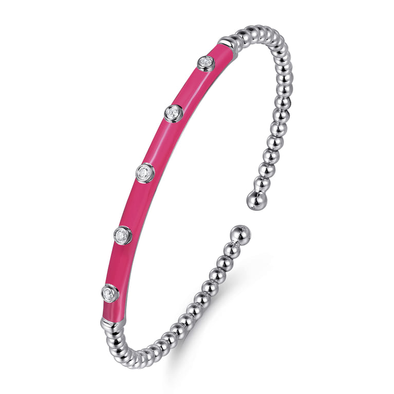 Enamel - 14K White Gold Bujukan Beads and Diamond Split Bangle with Fuchsia Enamel - 0.15 ct - Shot 2