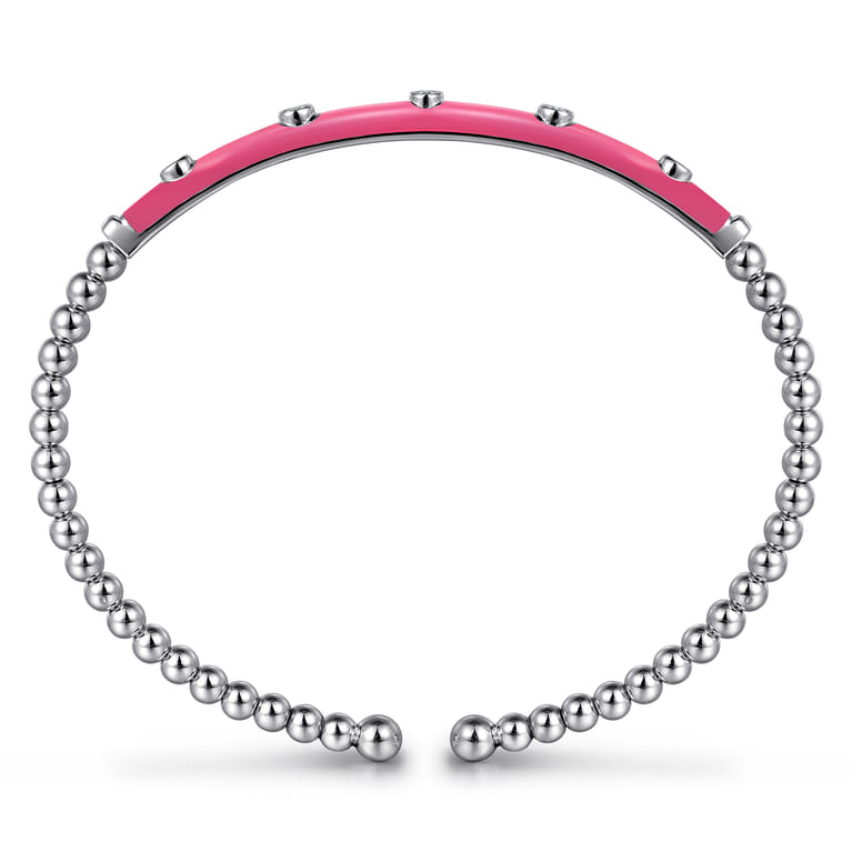 Enamel - 14K White Gold Bujukan Beads and Diamond Split Bangle with Fuchsia Enamel - 0.15 ct - Shot 3