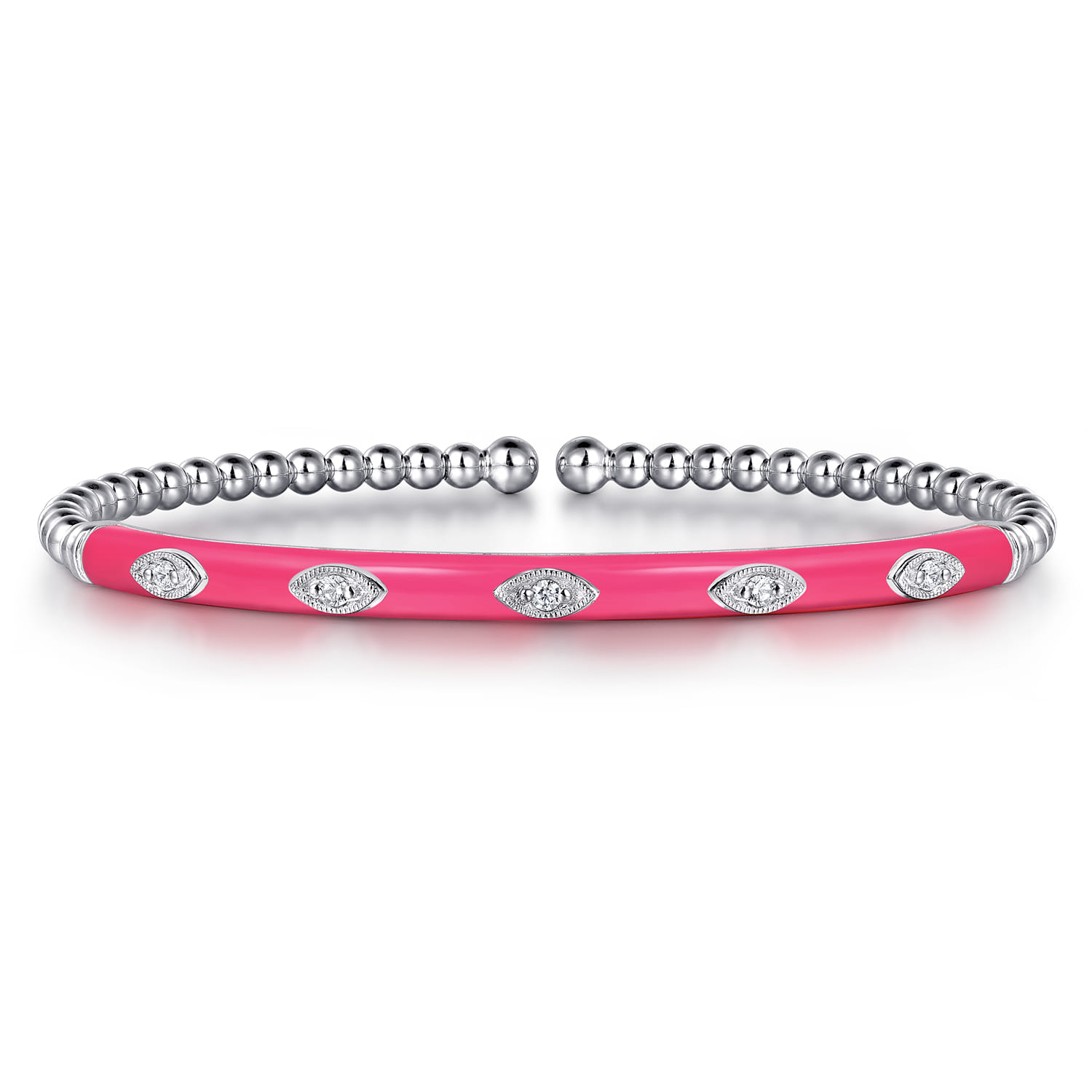 Enamel - 14K White Gold Bujukan Beads and Diamond Split Bangle with Fuchsia Enamel - 0.1 ct - Shot 1
