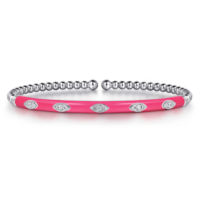 Enamel - 14K White Gold Bujukan Beads and Diamond Split Bangle with Fuchsia Enamel - 0.1 ct - Shot 1