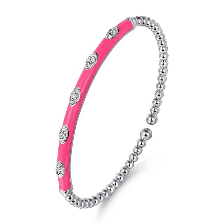 Enamel - 14K White Gold Bujukan Beads and Diamond Split Bangle with Fuchsia Enamel - 0.1 ct - Shot 2
