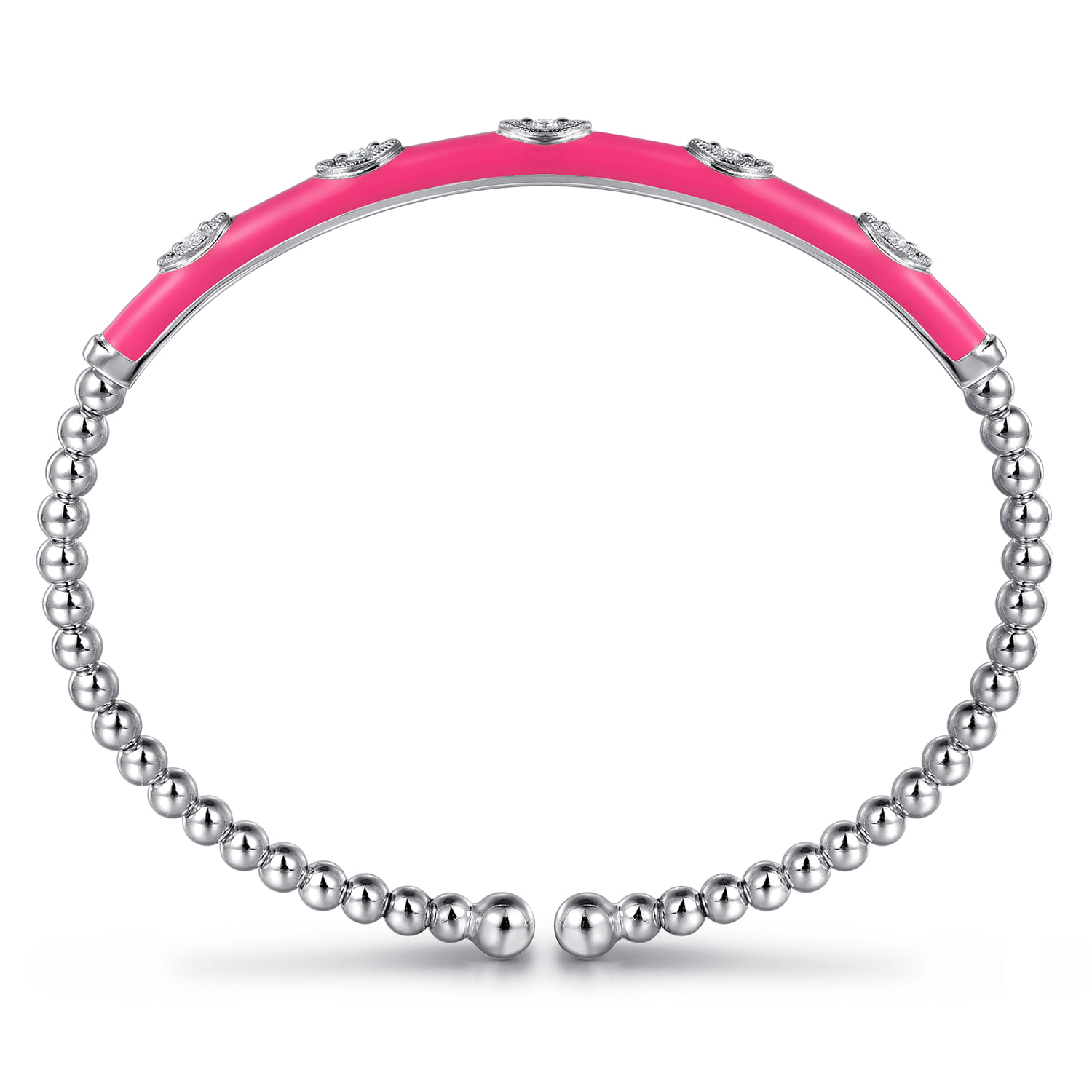 Enamel - 14K White Gold Bujukan Beads and Diamond Split Bangle with Fuchsia Enamel - 0.1 ct - Shot 3