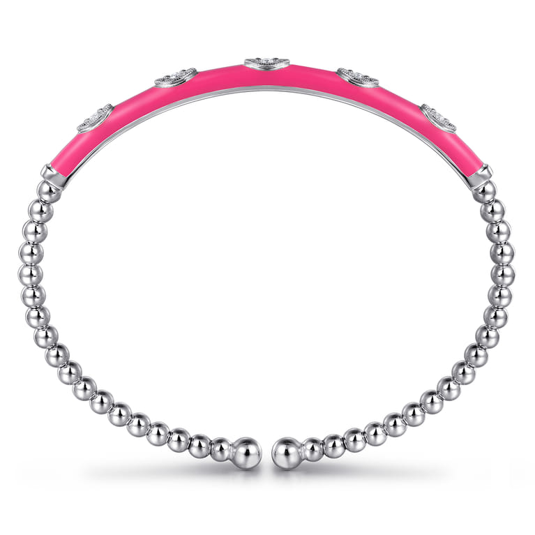 Enamel - 14K White Gold Bujukan Beads and Diamond Split Bangle with Fuchsia Enamel - 0.1 ct - Shot 3