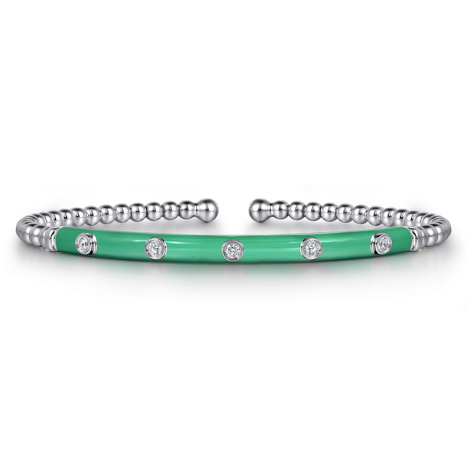 Enamel - 14K White Gold Bujukan Beads and Diamond Split Bangle with Mint Green Enamel - 0.15 ct - Shot 1