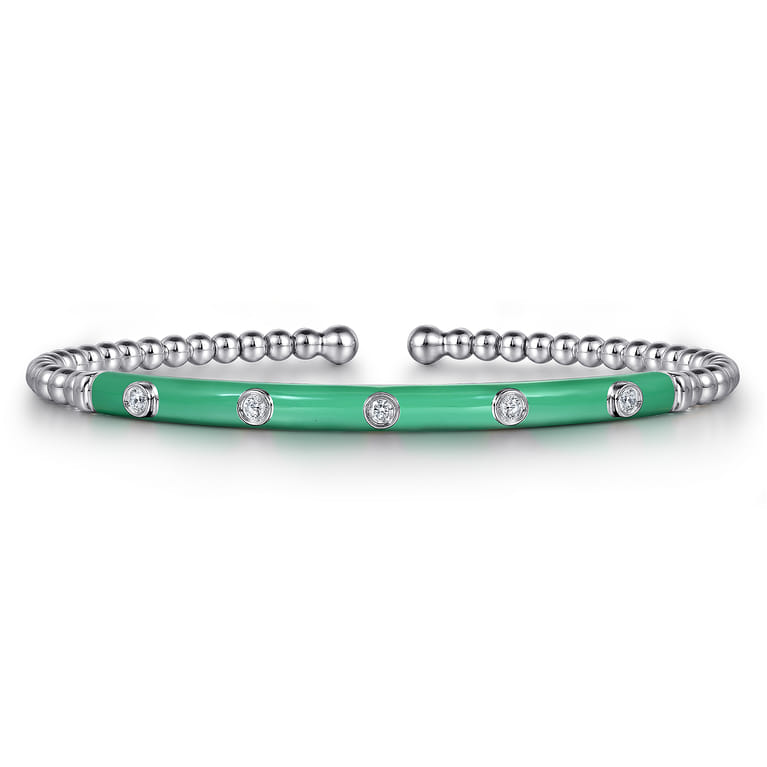 Enamel - 14K White Gold Bujukan Beads and Diamond Split Bangle with Mint Green Enamel - 0.15 ct - Shot 1