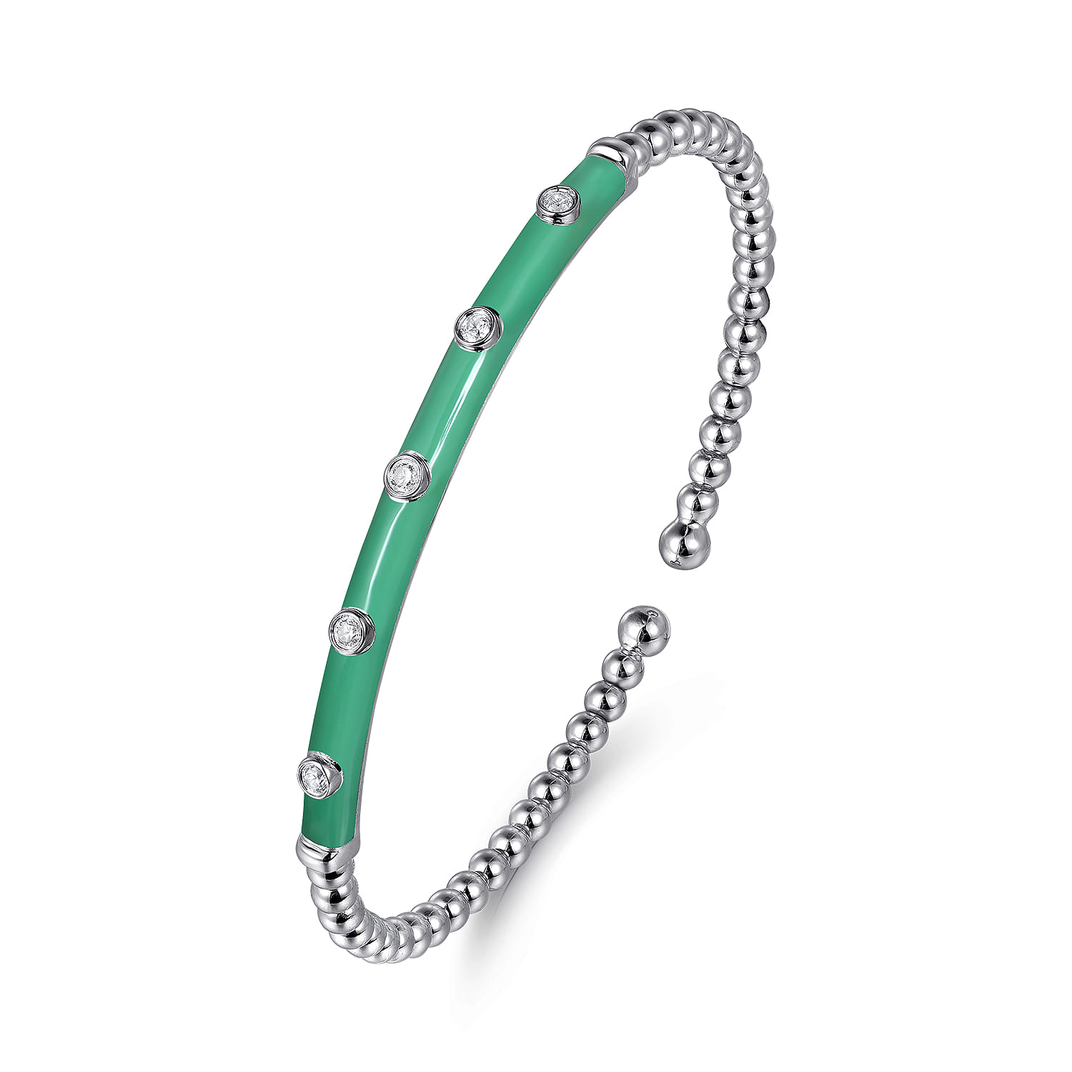 Enamel - 14K White Gold Bujukan Beads and Diamond Split Bangle with Mint Green Enamel - 0.15 ct - Shot 2