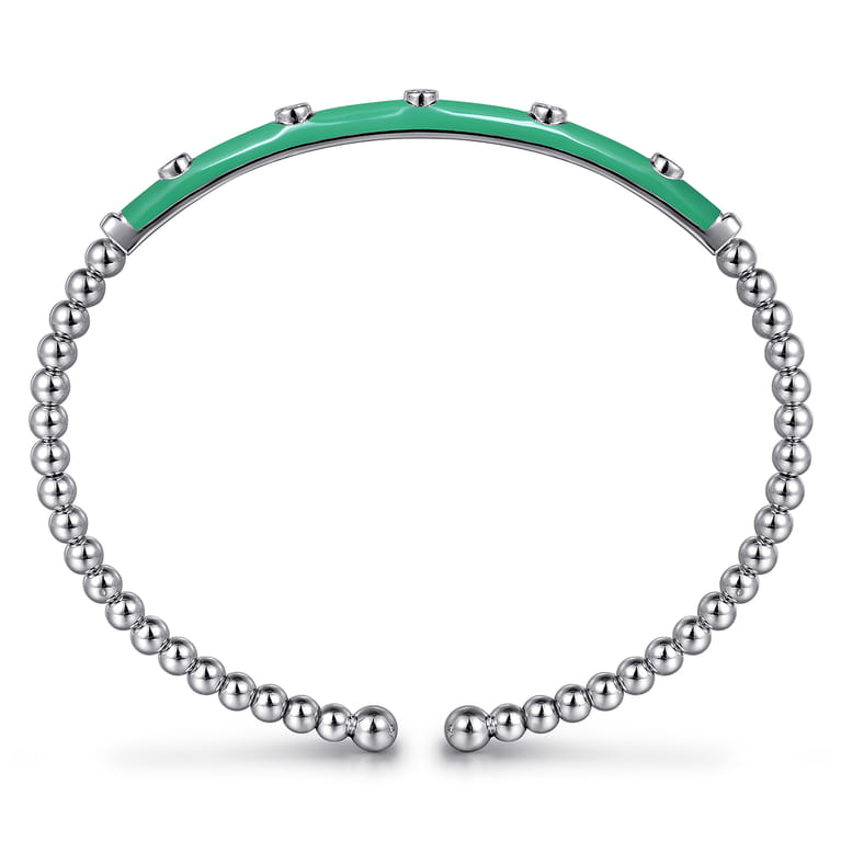 Enamel - 14K White Gold Bujukan Beads and Diamond Split Bangle with Mint Green Enamel - 0.15 ct - Shot 3