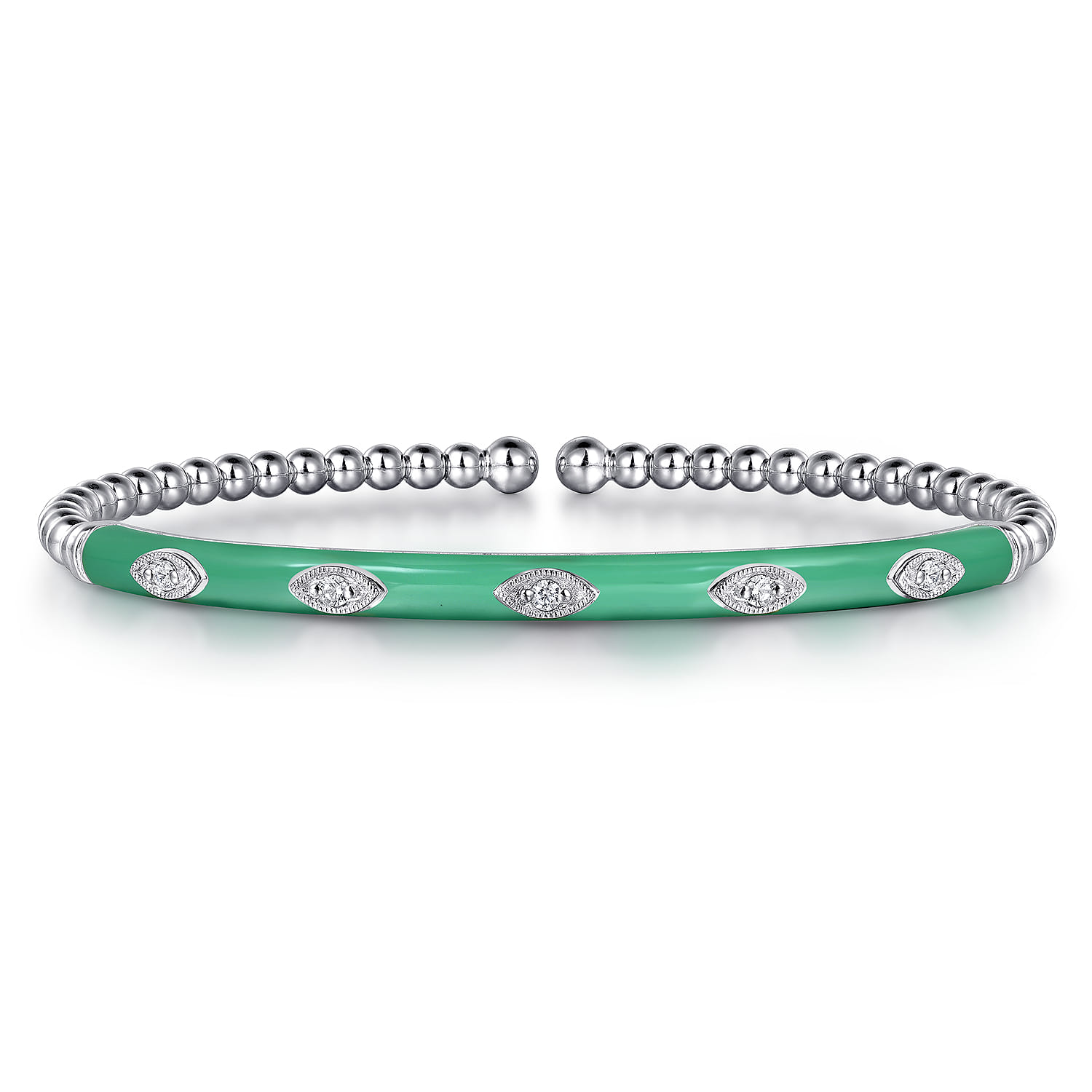 Enamel - 14K White Gold Bujukan Beads and Diamond Split Bangle with Mint Green Enamel - 0.1 ct - Shot 1