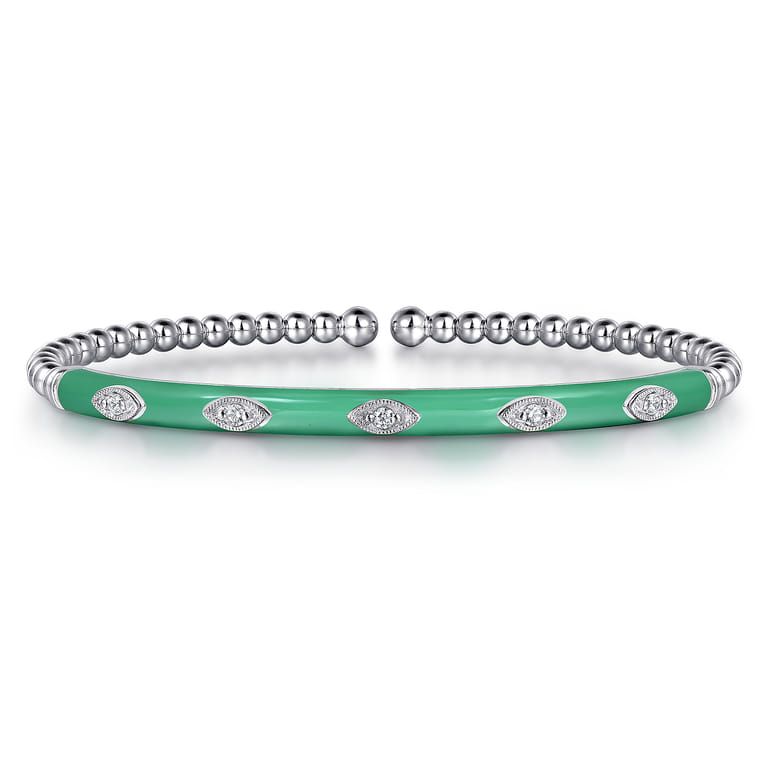 Enamel - 14K White Gold Bujukan Beads and Diamond Split Bangle with Mint Green Enamel - 0.1 ct - Shot 1