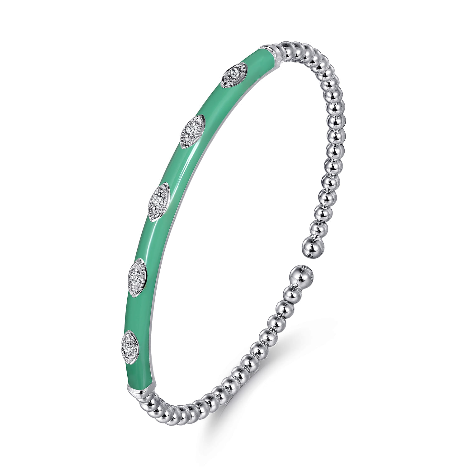 Enamel - 14K White Gold Bujukan Beads and Diamond Split Bangle with Mint Green Enamel - 0.1 ct - Shot 2