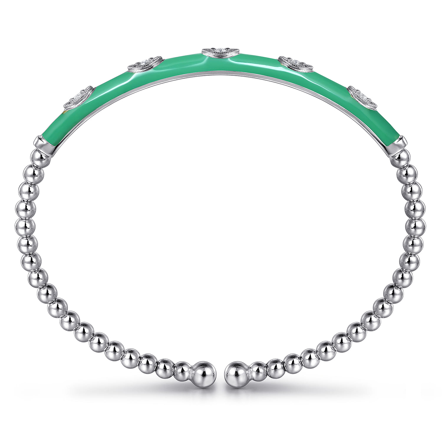 Enamel - 14K White Gold Bujukan Beads and Diamond Split Bangle with Mint Green Enamel - 0.1 ct - Shot 3