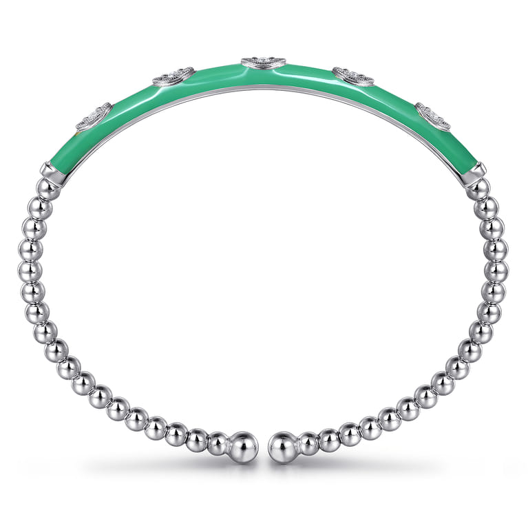 Enamel - 14K White Gold Bujukan Beads and Diamond Split Bangle with Mint Green Enamel - 0.1 ct - Shot 3