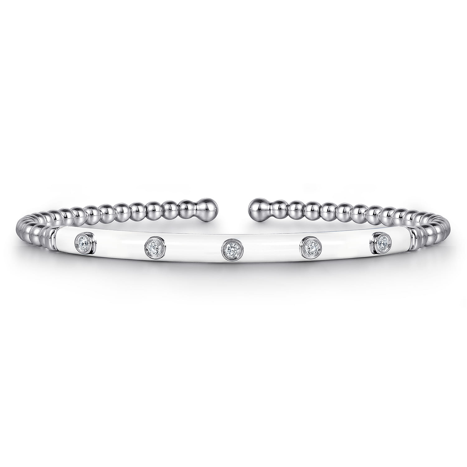 Enamel - 14K White Gold Bujukan Beads and Diamond Split Bangle with White Enamel - 0.15 ct - Shot 1