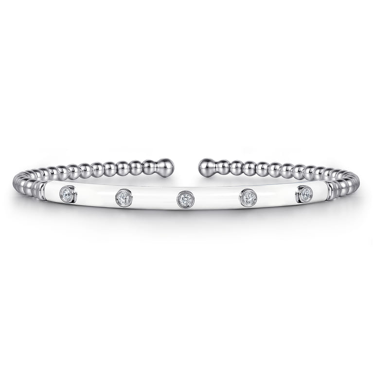 Enamel - 14K White Gold Bujukan Beads and Diamond Split Bangle with White Enamel - 0.15 ct - Shot 1
