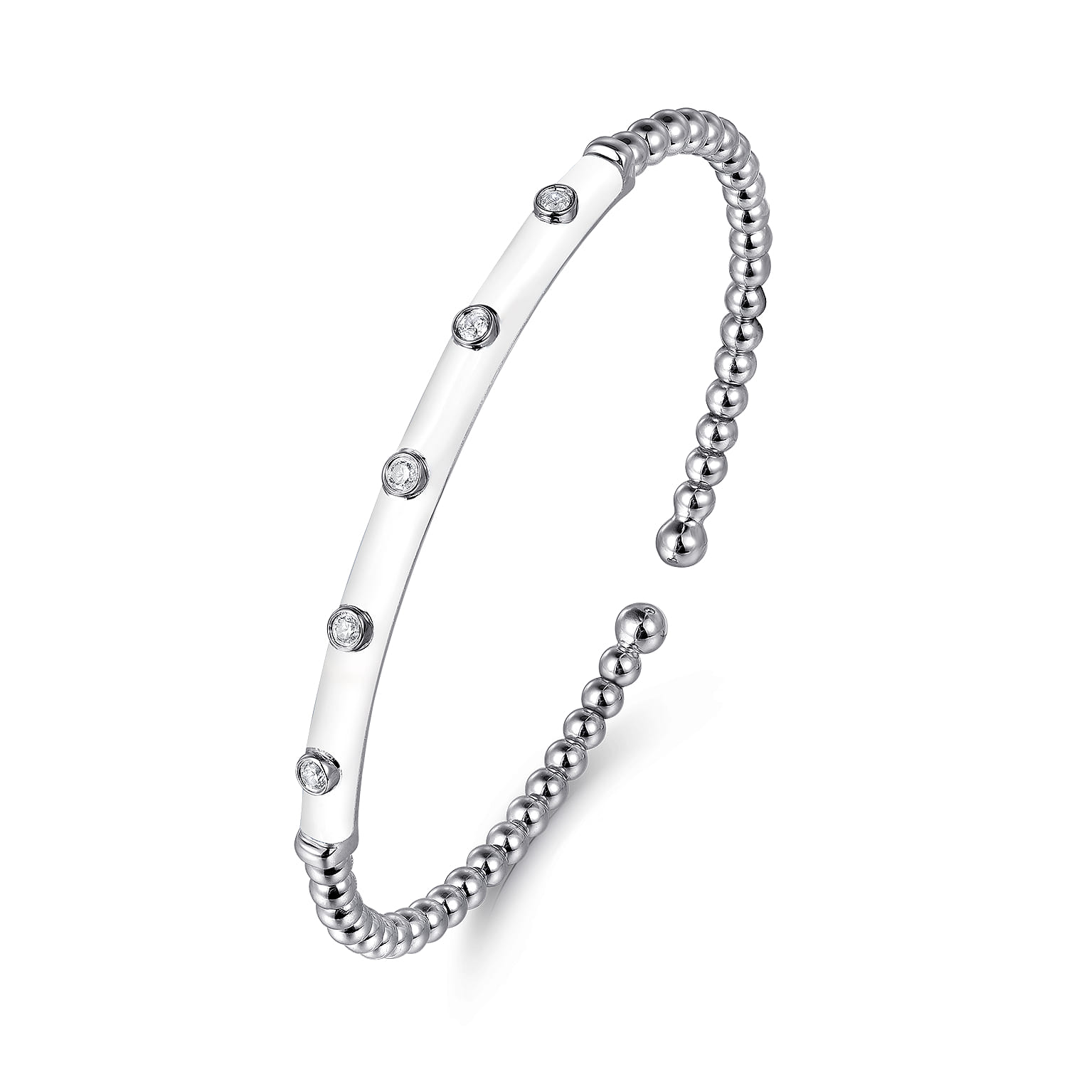 Enamel - 14K White Gold Bujukan Beads and Diamond Split Bangle with White Enamel - 0.15 ct - Shot 2