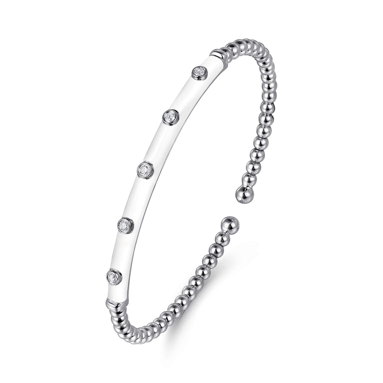 Enamel - 14K White Gold Bujukan Beads and Diamond Split Bangle with White Enamel - 0.15 ct - Shot 2