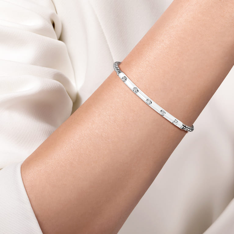 Enamel - 14K White Gold Bujukan Beads and Diamond Split Bangle with White Enamel - 0.15 ct - Shot 4