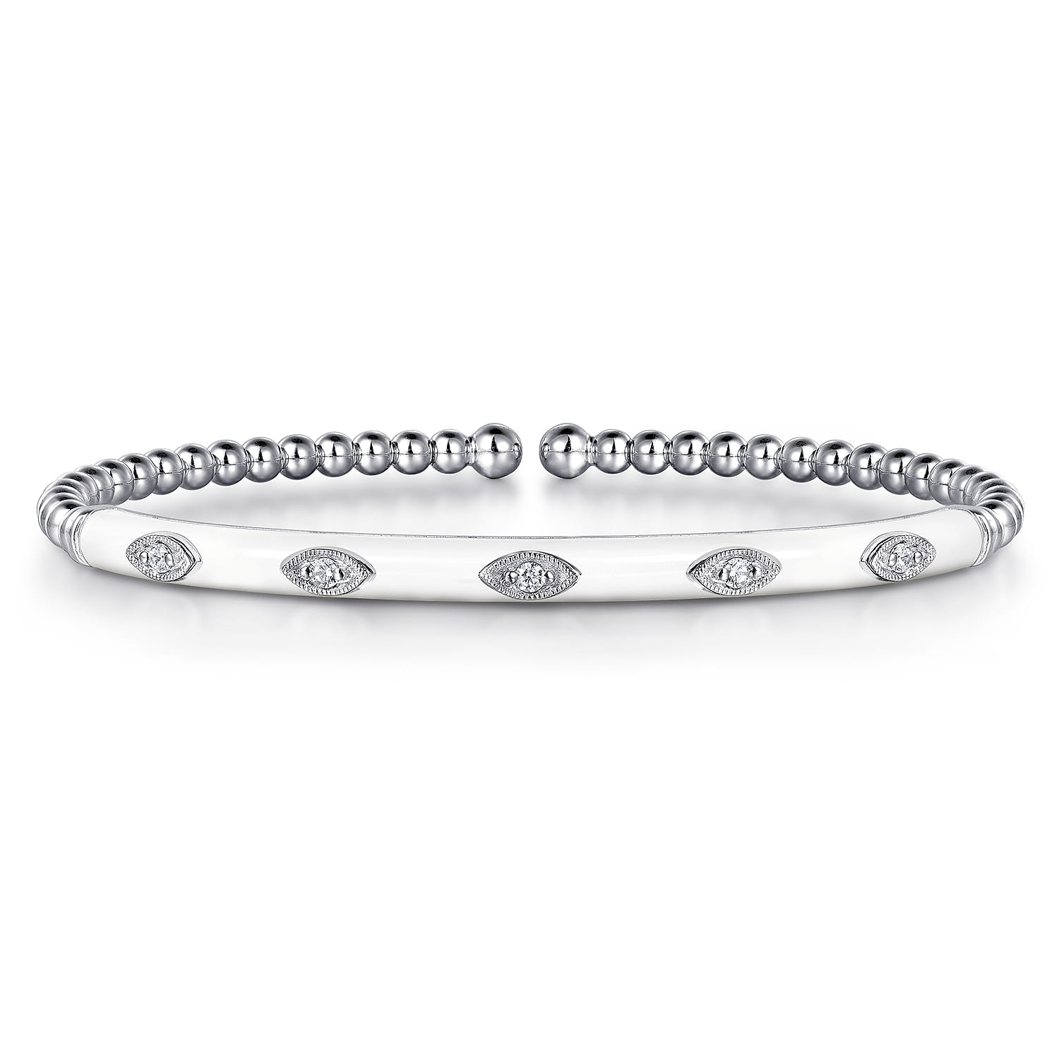 Enamel - 14K White Gold Bujukan Beads and Diamond Split Bangle with White Enamel - 0.1 ct - Shot 1