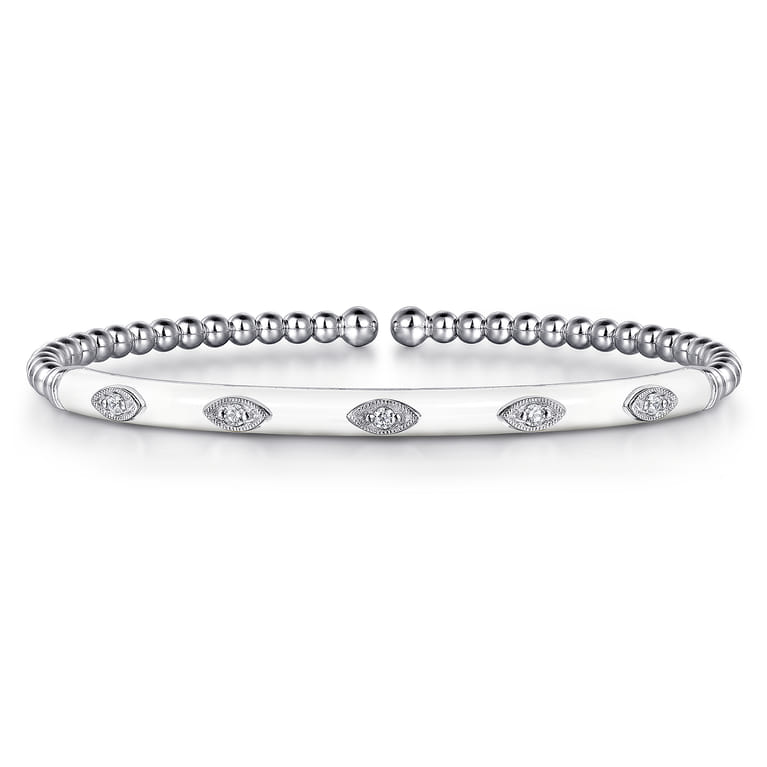 Enamel - 14K White Gold Bujukan Beads and Diamond Split Bangle with White Enamel - 0.1 ct - Shot 1