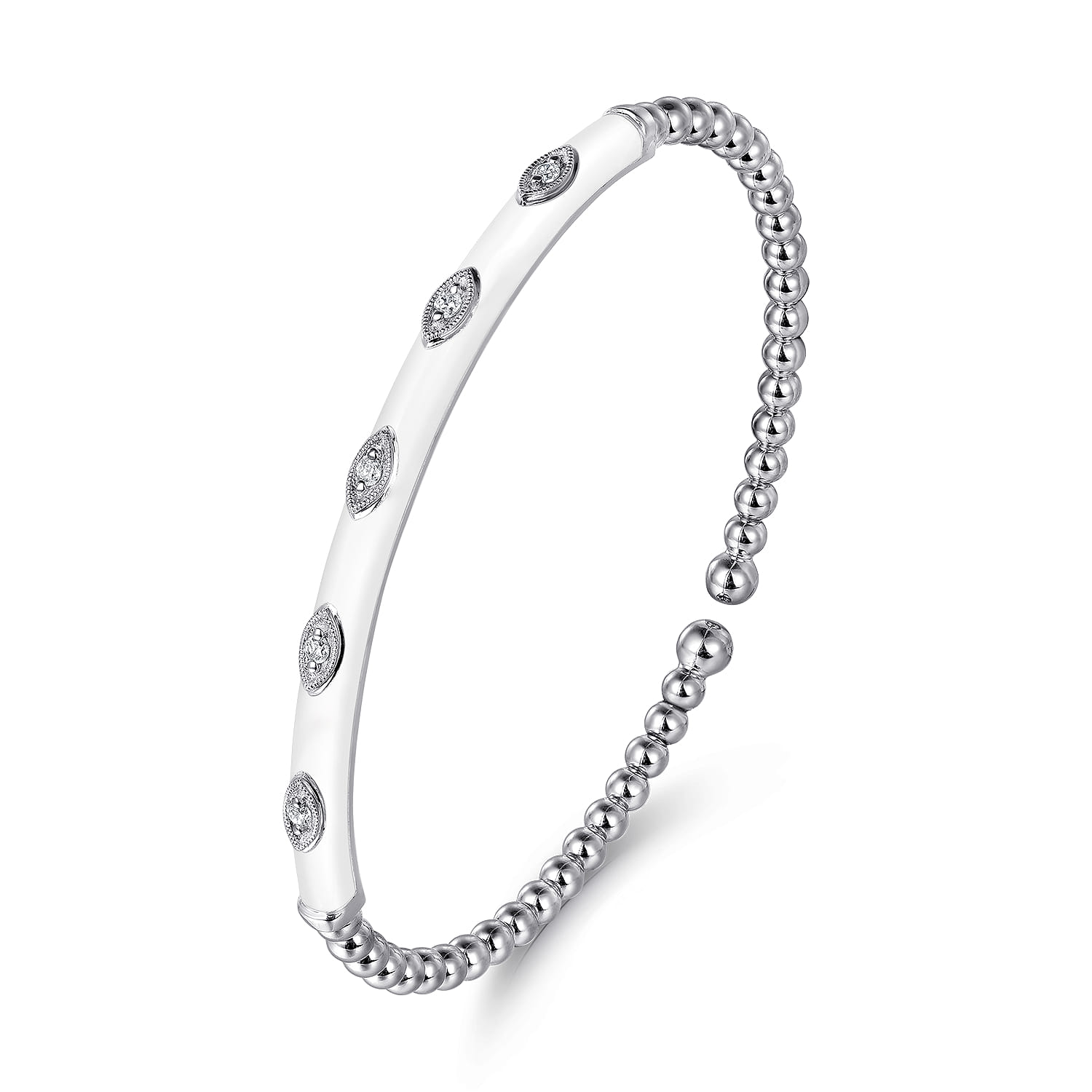 Enamel - 14K White Gold Bujukan Beads and Diamond Split Bangle with White Enamel - 0.1 ct - Shot 2