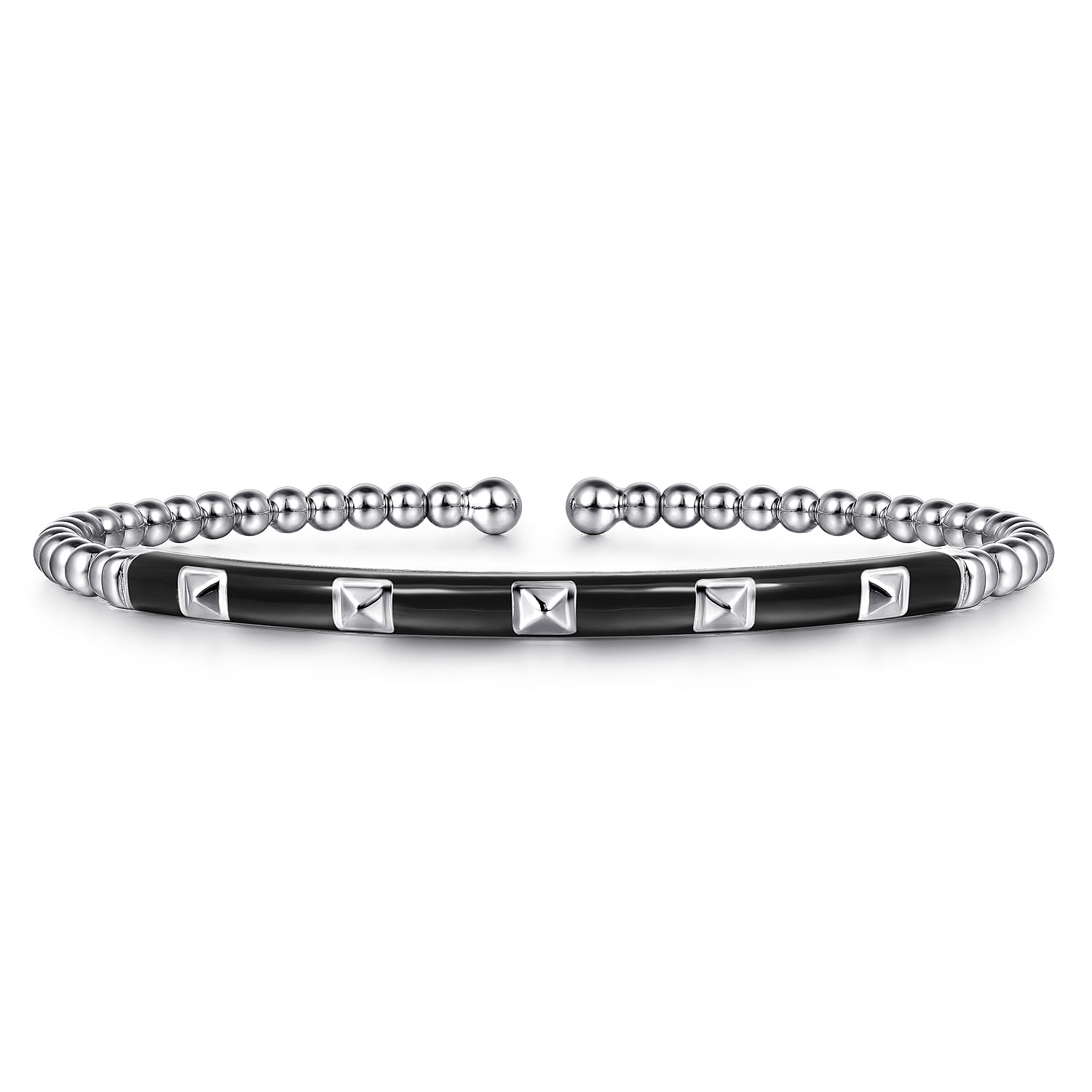Enamel - 14K White Gold Bujukan Beads and Pyramid Split Bangle with Black Enamel - Shot 1