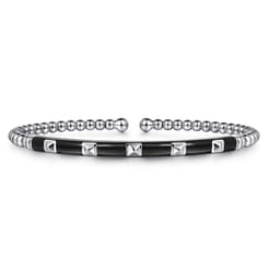 Enamel - 14K White Gold Bujukan Beads and Pyramid Split Bangle with Black Enamel