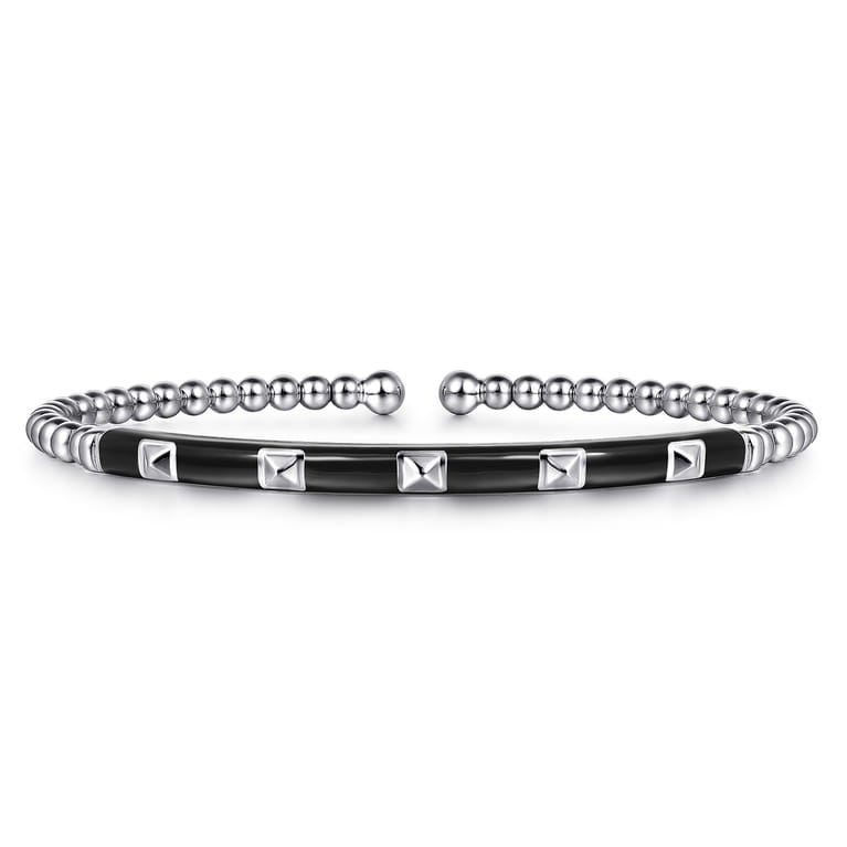 Enamel - 14K White Gold Bujukan Beads and Pyramid Split Bangle with Black Enamel - Shot 1
