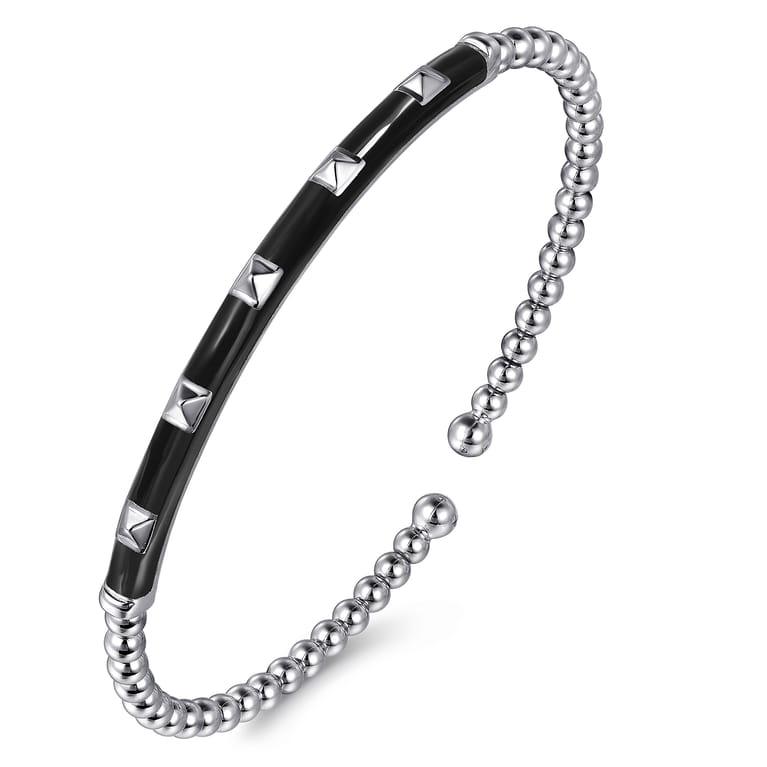 Enamel - 14K White Gold Bujukan Beads and Pyramid Split Bangle with Black Enamel - Shot 2